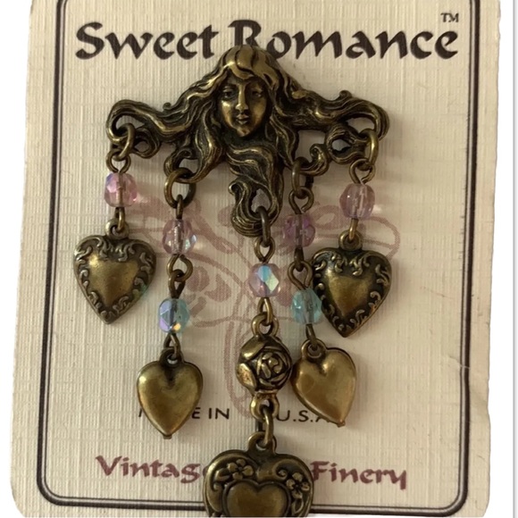 SWEET ROMANCE bronze tone pin,  Celtic lady w/ dangling heart charms. - Picture 2 of 8